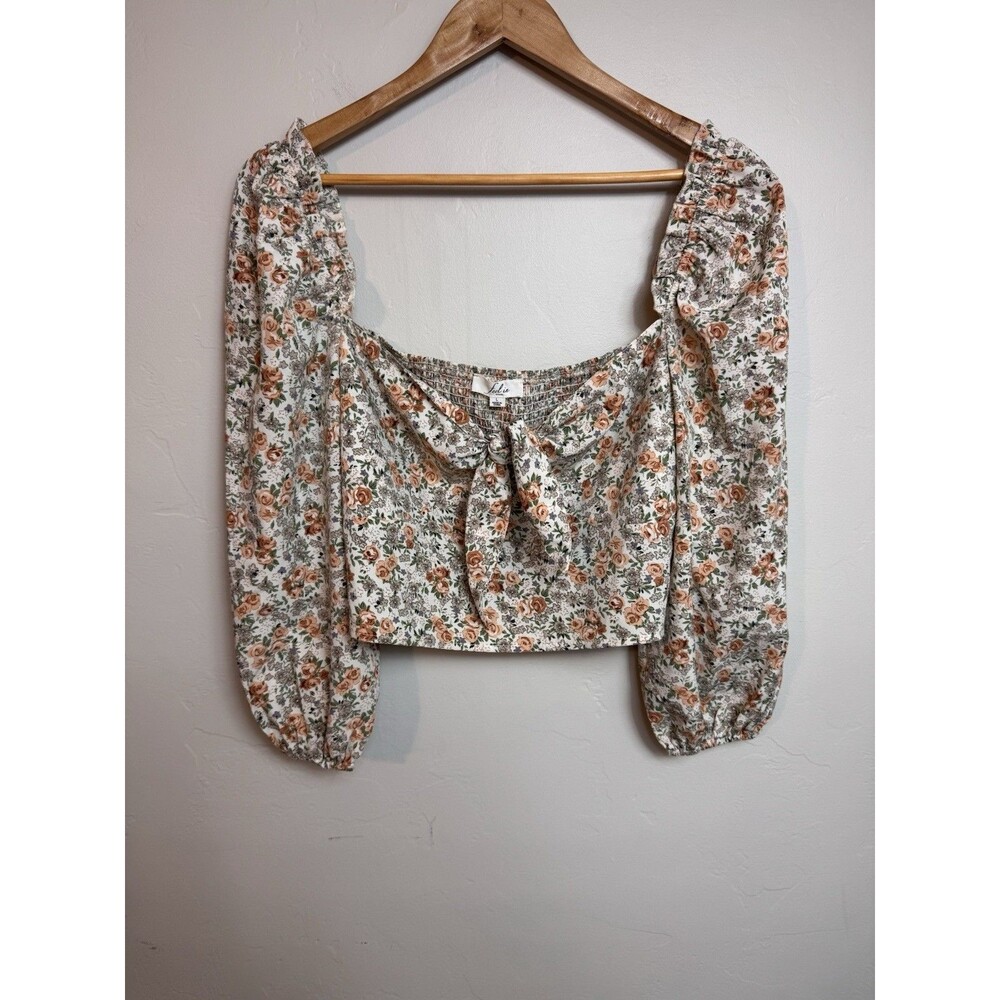 Feel In Apparel Crop Top Womens L Floral Smocked Tie Front Balloon Sleeve Boho